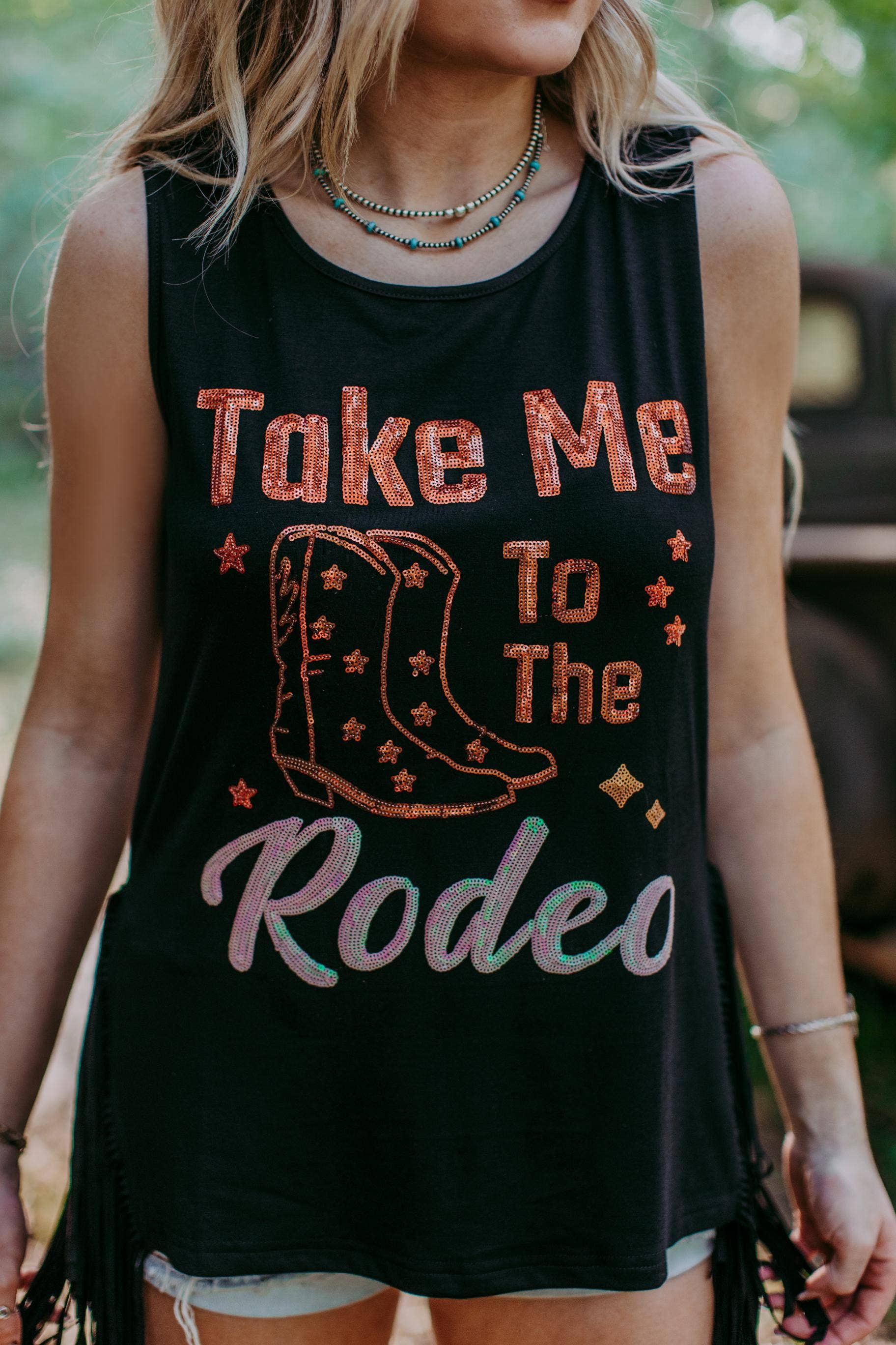 MK359 Fringe Side Slit Tank Top - Black: Black / S