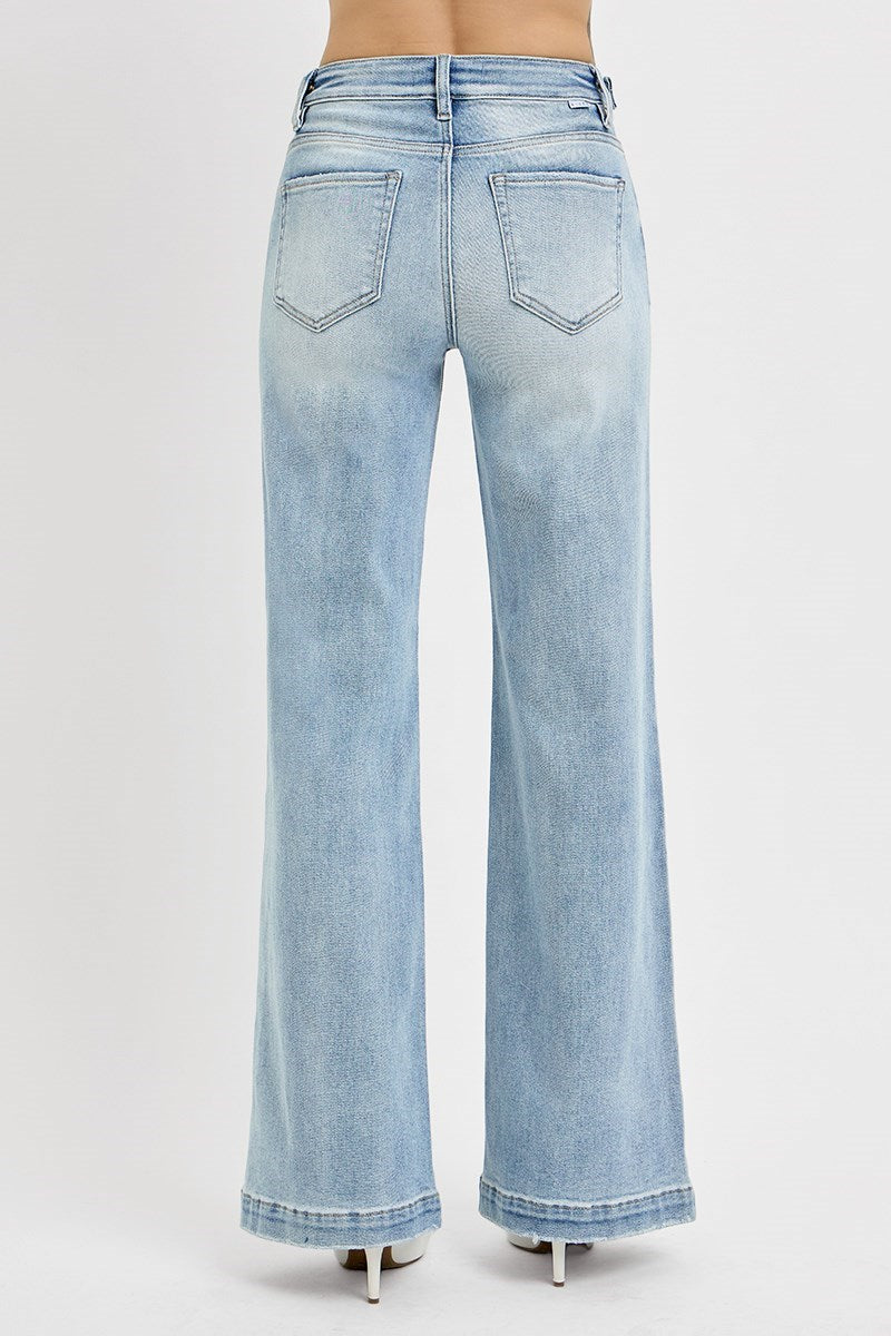 RISEN TUMMY CONTROL HIGH RISE WIDE LEG ADJUSTABLE WAIST BAND JEANS