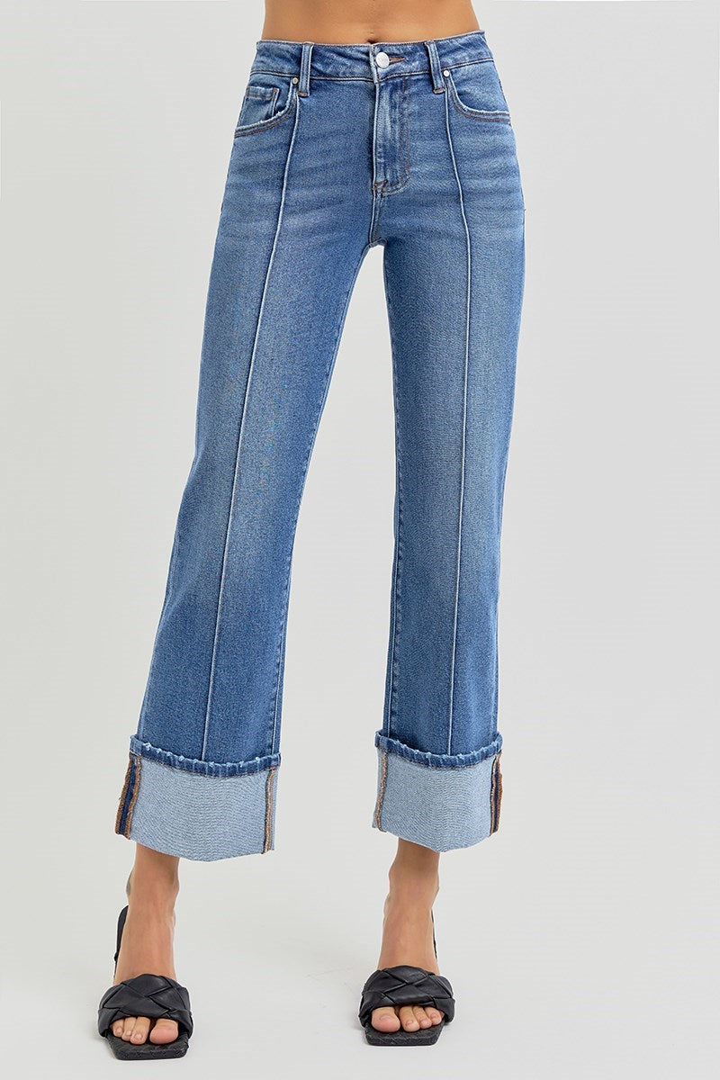 RISEN HIGH RISE ANKLE STRAIGHT WIDE CUFFED JEANS