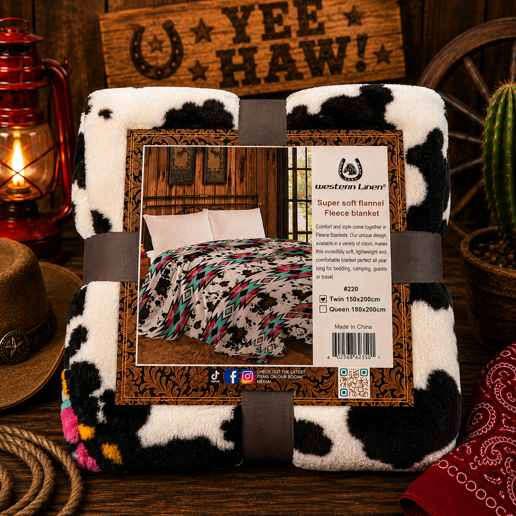 Mia Cow print and pink/teal Aztec Soft Fleece Throw Blanket Twin size