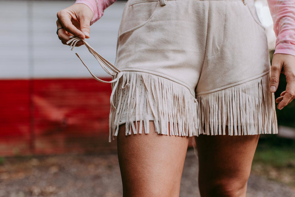 Dixie Rhinestone Embellished Fringe Shorts - Cream: Cream