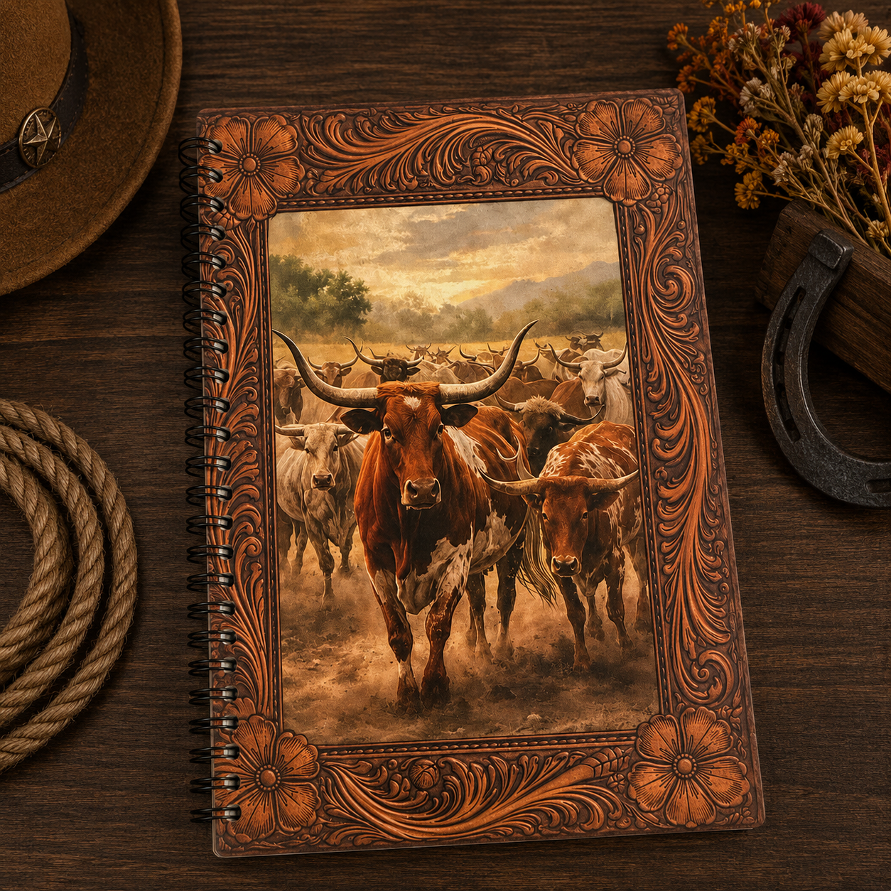 Western Longhorn herd lined 5x7 notebook