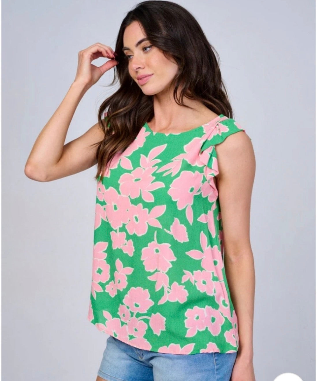 Les Amis Green and Pink Floral Blouse