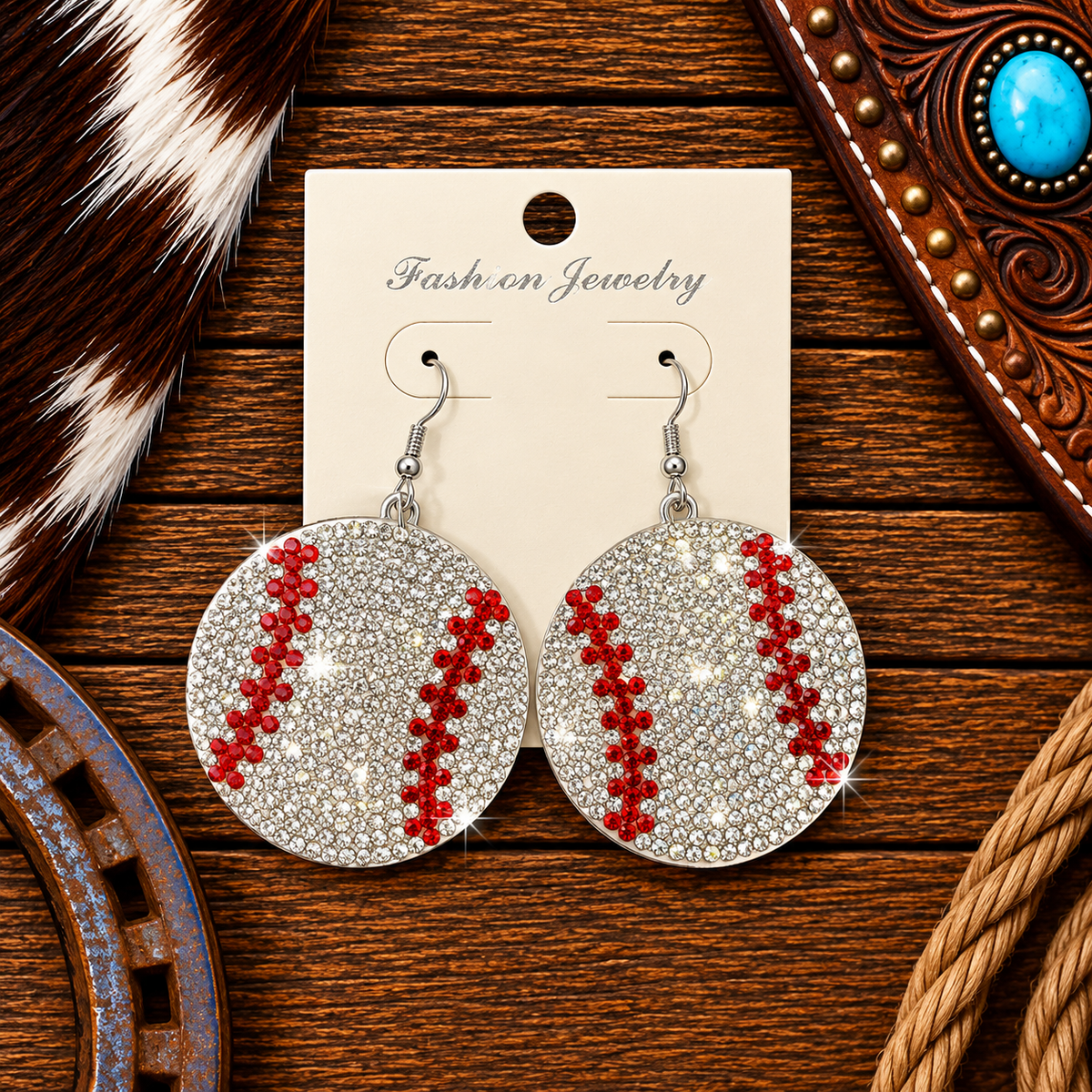 Rhinestone baseball earrings