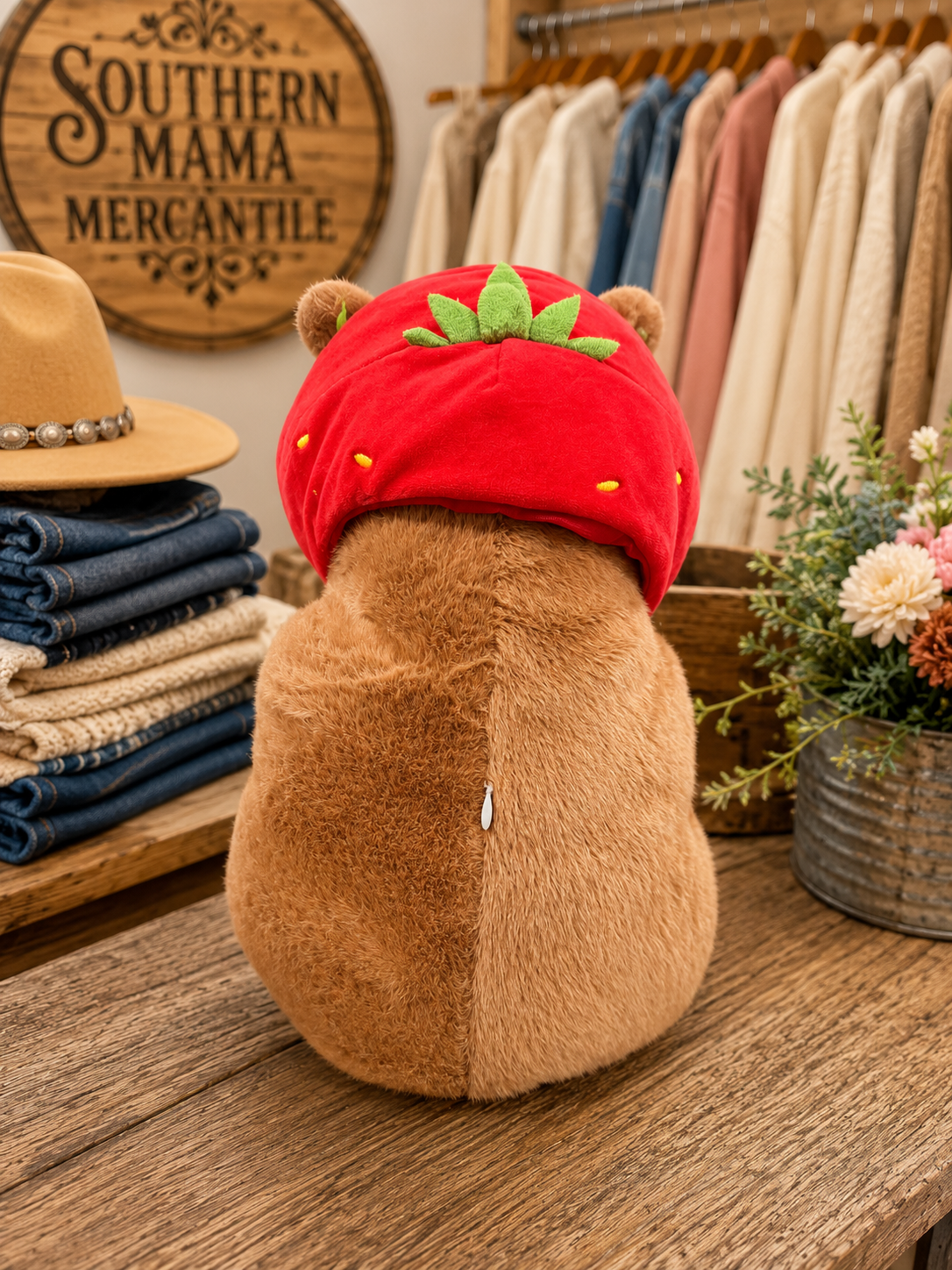 Capybara Soft Plush animal with removable strawberry hat (medium)