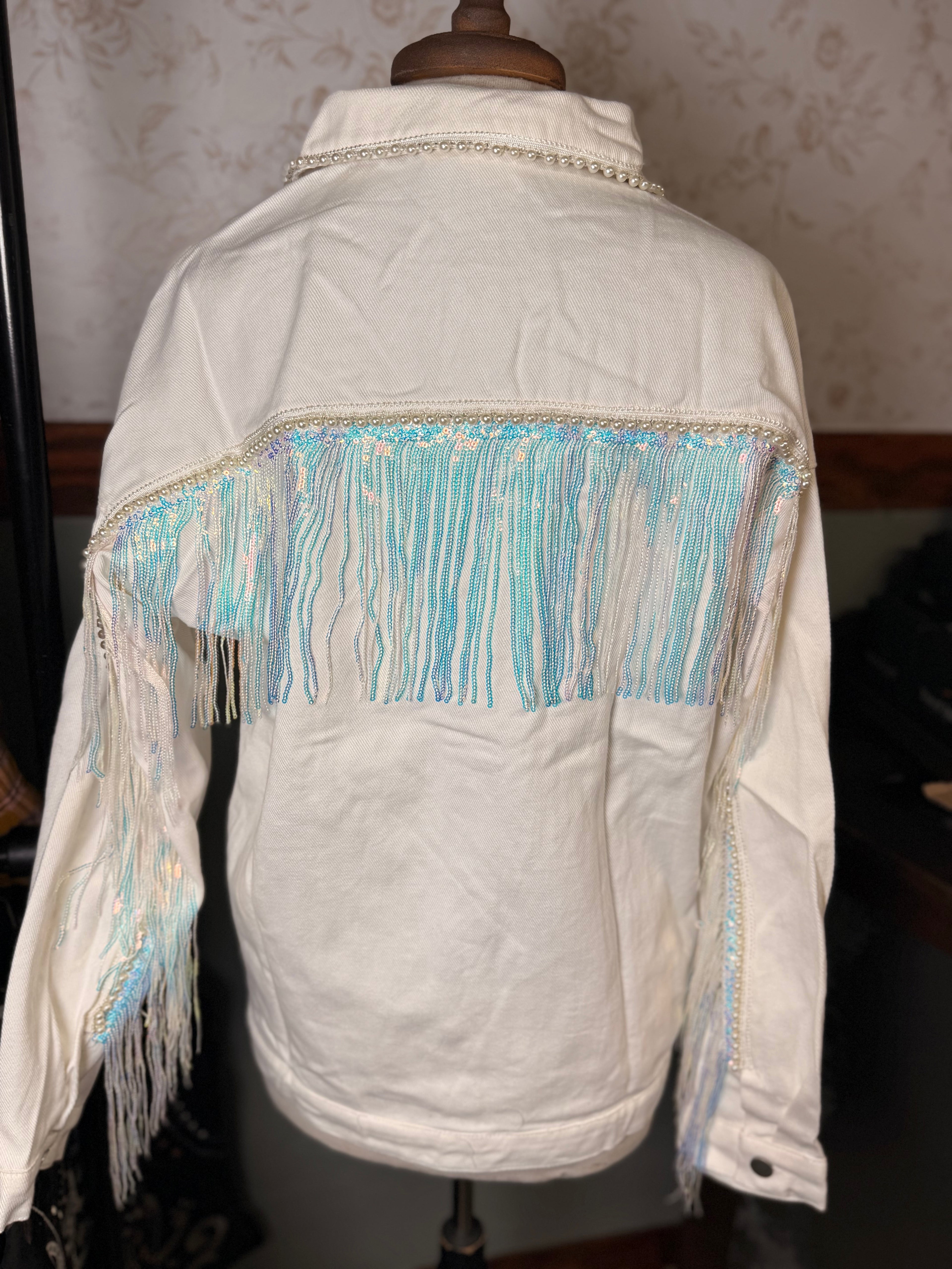 Fantastic Fawn Pearl and Iridescent Fringe White Denim Jacket