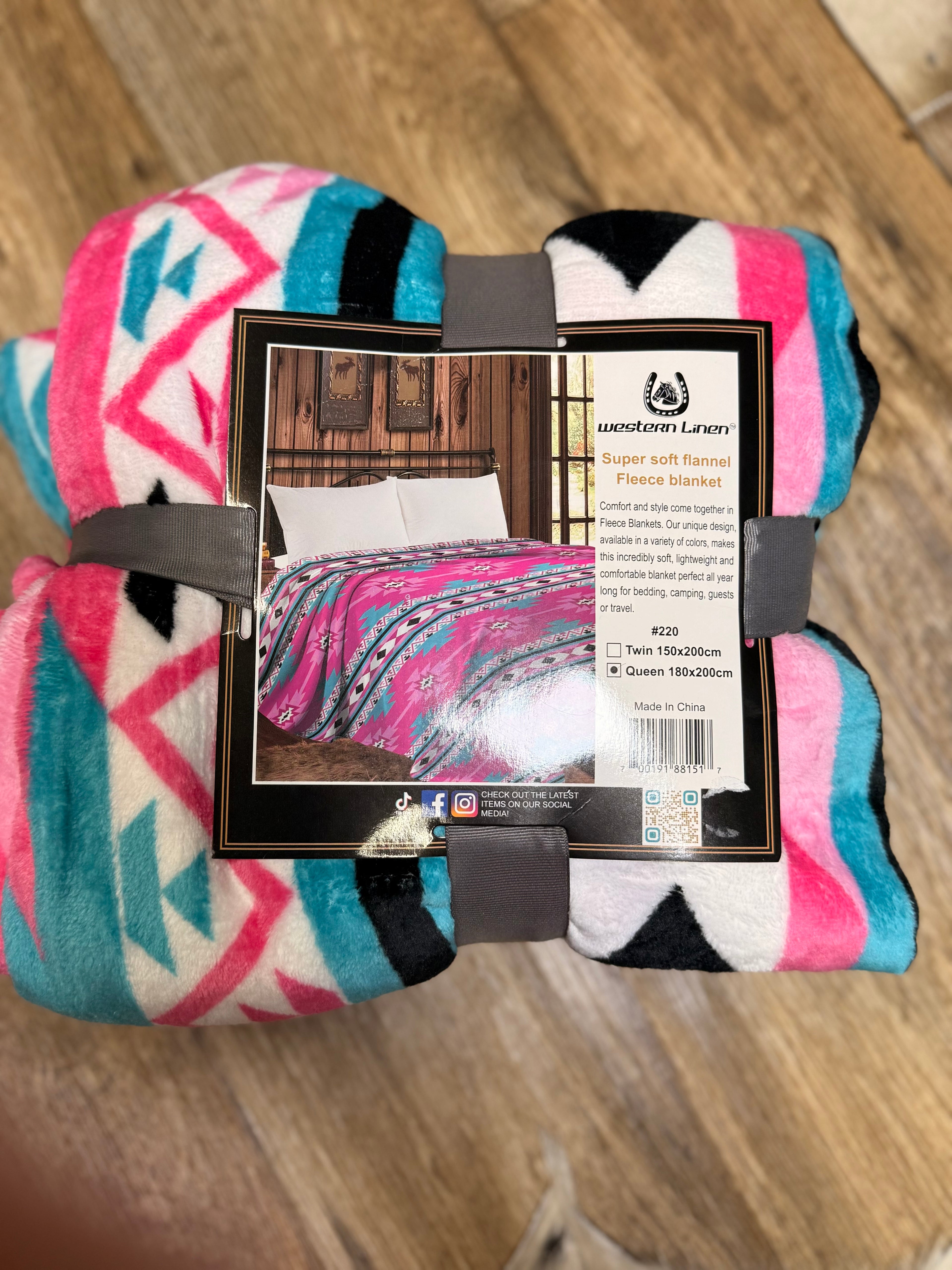 Western Linen Queen Throw Blanket Pink/Teal/Aztec