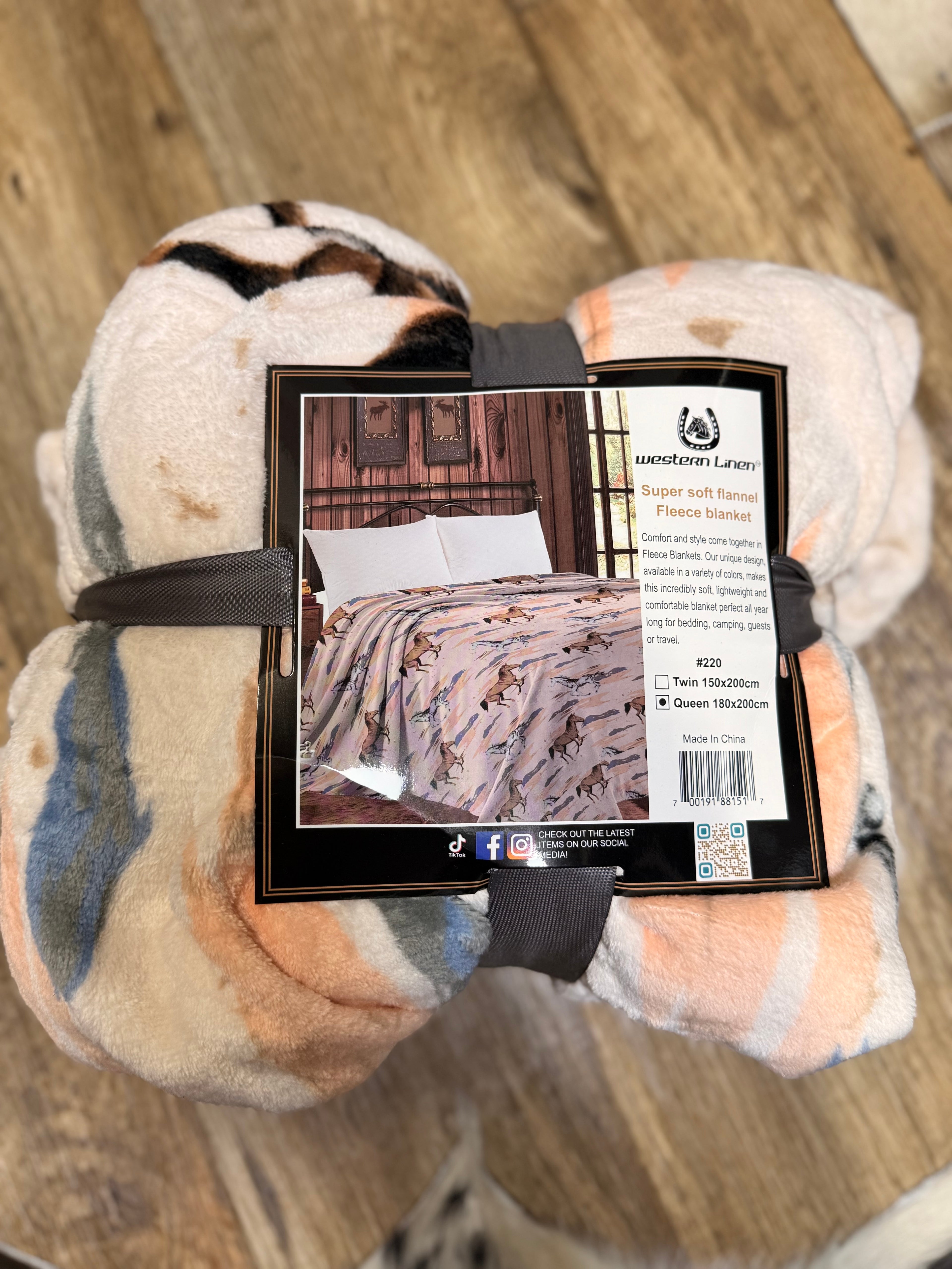 Western Linen Queen Throw Blanket Peach/Grey/Blue/horses