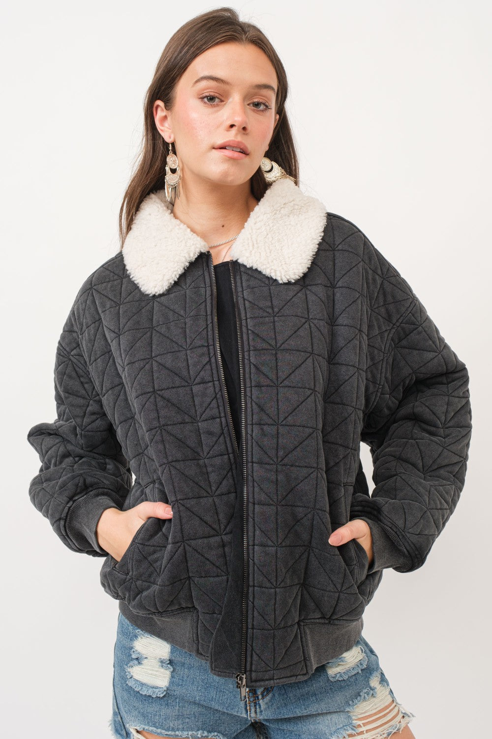 Garment Washed Quilted Terry Collared Zip Up Lined Jacket Black