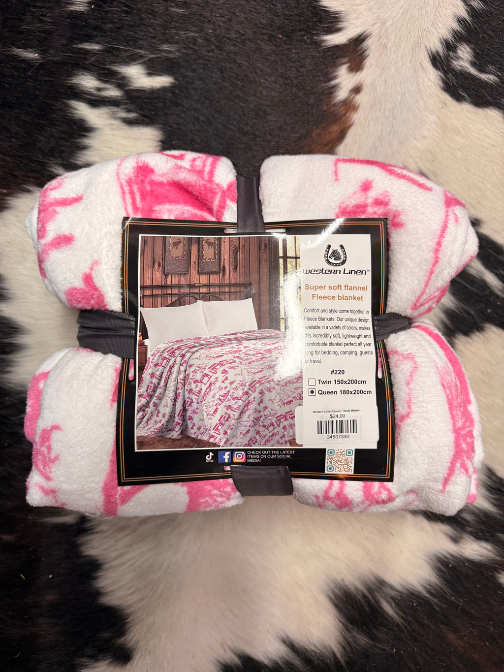 Western Linen Queen Throw Blanket Pink/white/horses