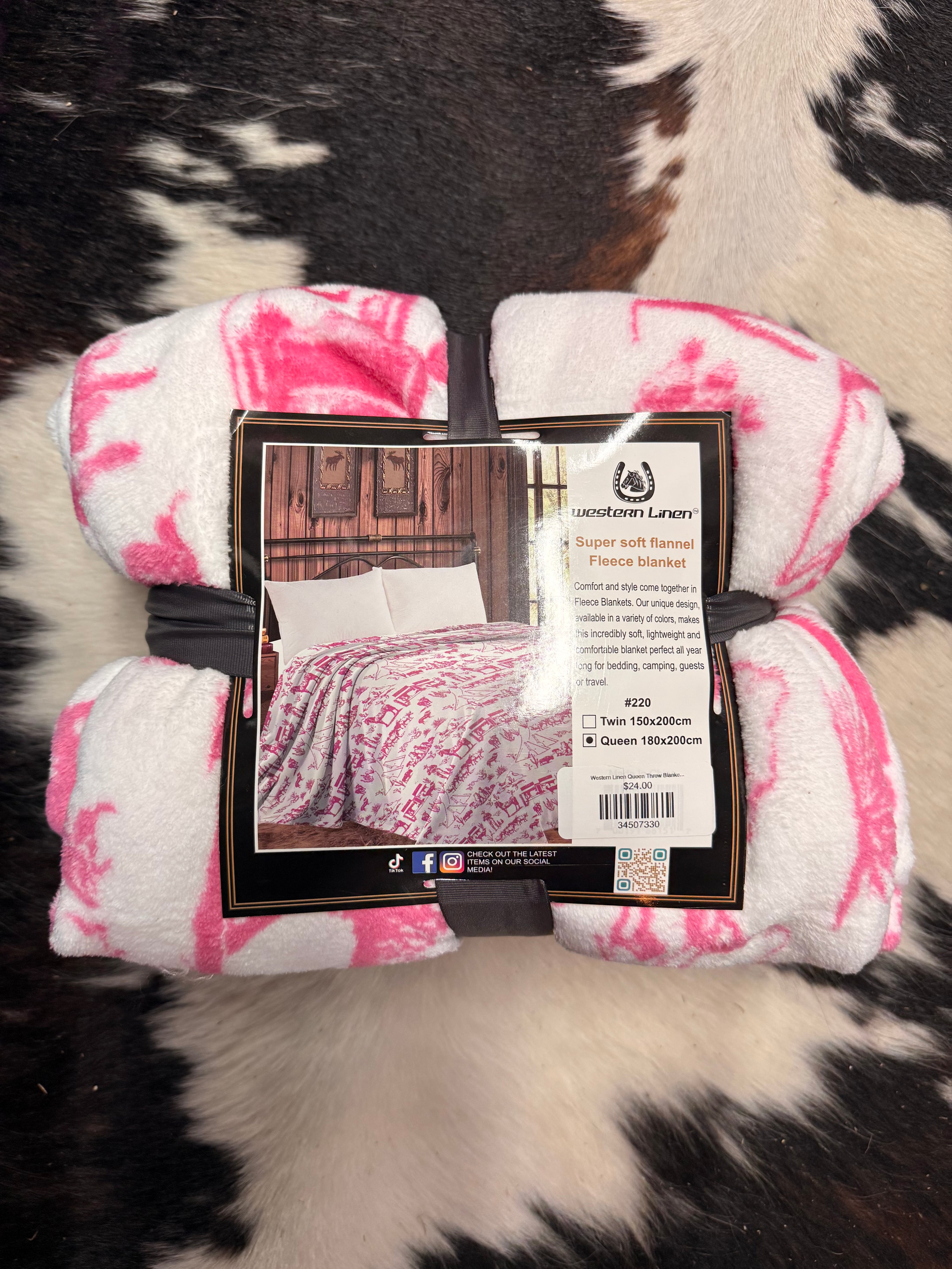 Western Linen Queen Throw Blanket Pink/white/horses