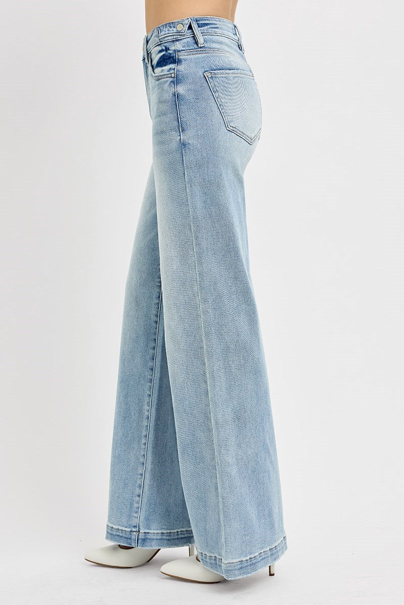 RISEN TUMMY CONTROL HIGH RISE WIDE LEG ADJUSTABLE WAIST BAND JEANS