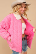 Garment Washed Quilted Terry Collared Zip Up Lined Jacket Pink