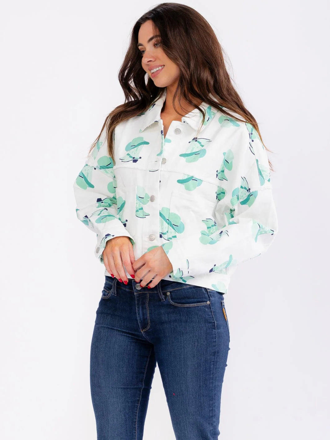 Fantastic Fawn White Denim Jacket with Cowboy Boot Print