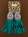Silver rhinestone with turquoise fringe earrings