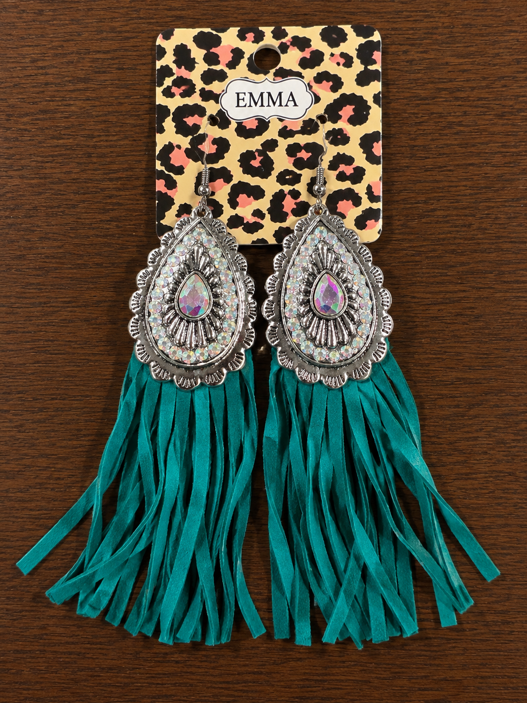 Silver rhinestone with turquoise fringe earrings