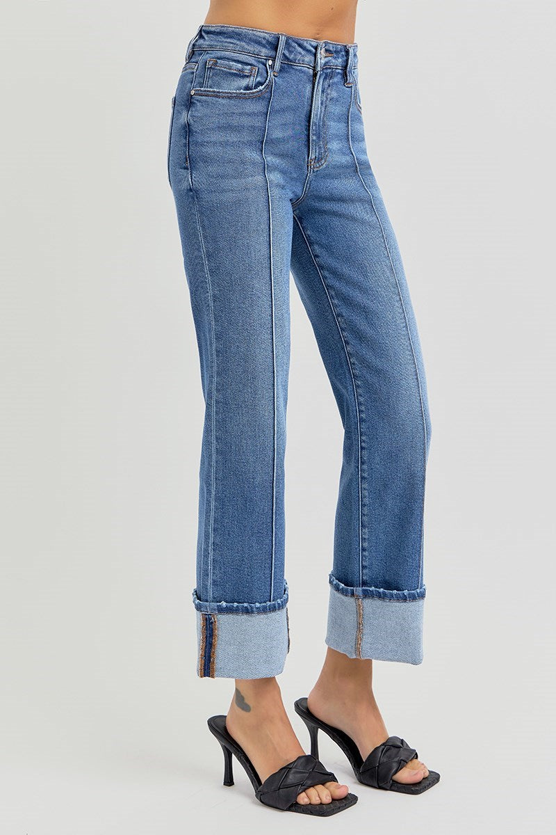 RISEN HIGH RISE ANKLE STRAIGHT WIDE CUFFED JEANS