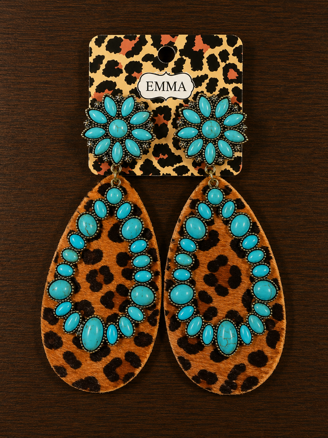 Leopard cowhide with turquoise stone earrings