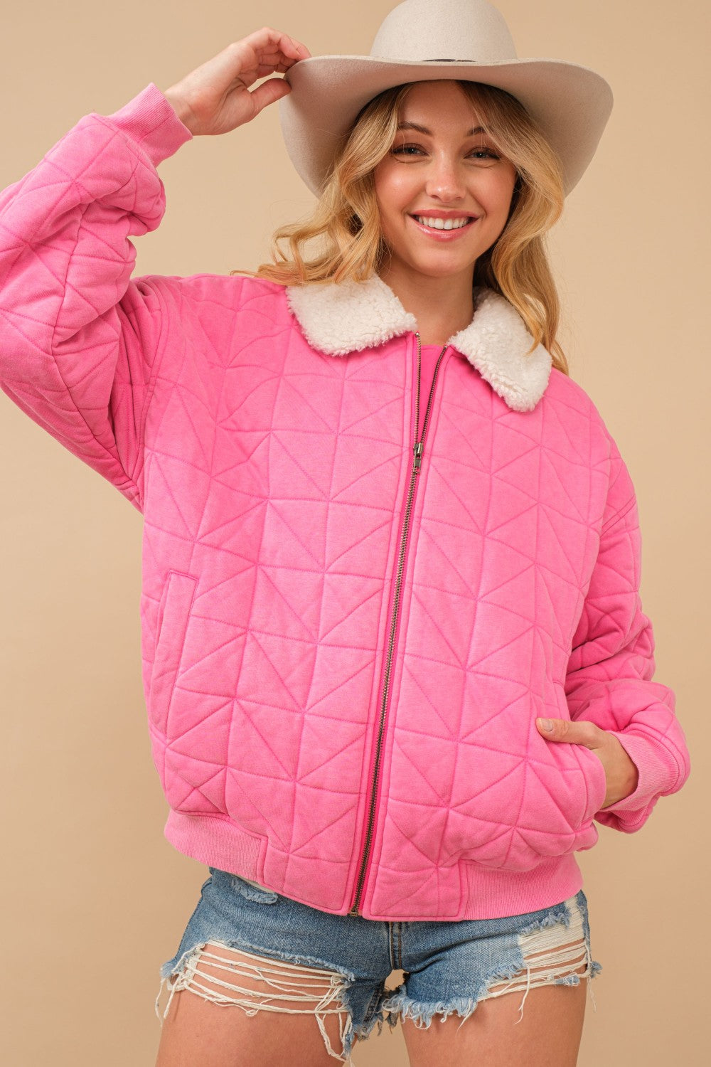 Garment Washed Quilted Terry Collared Zip Up Lined Jacket Pink