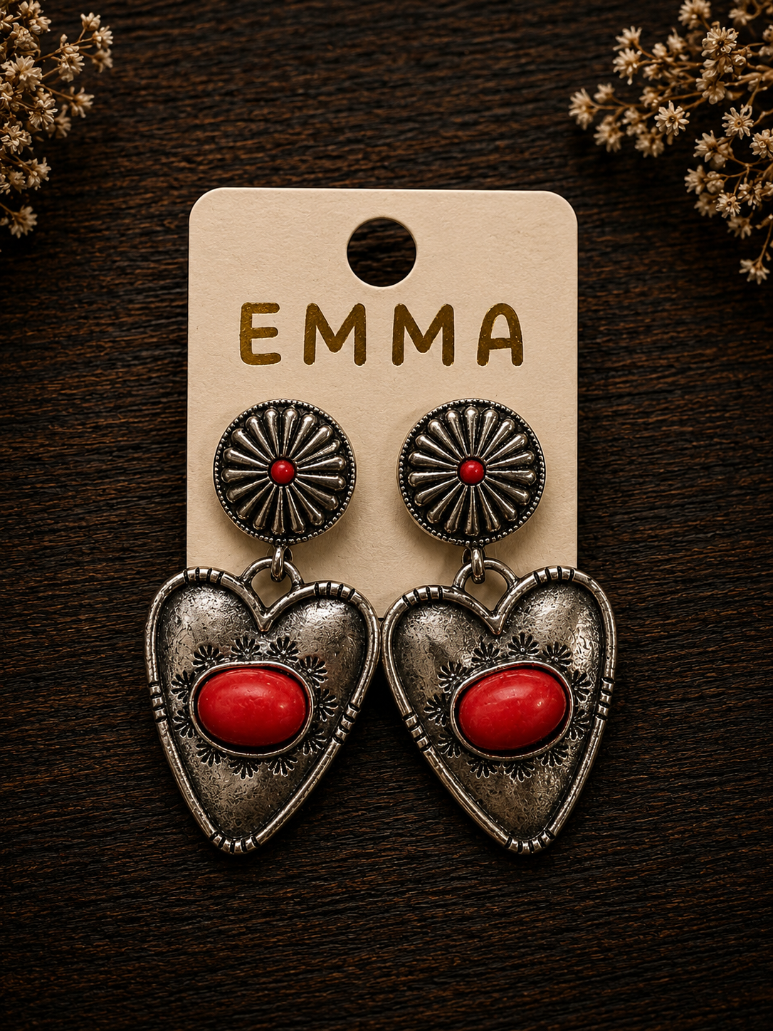 Silver heart w/ red stone earrings