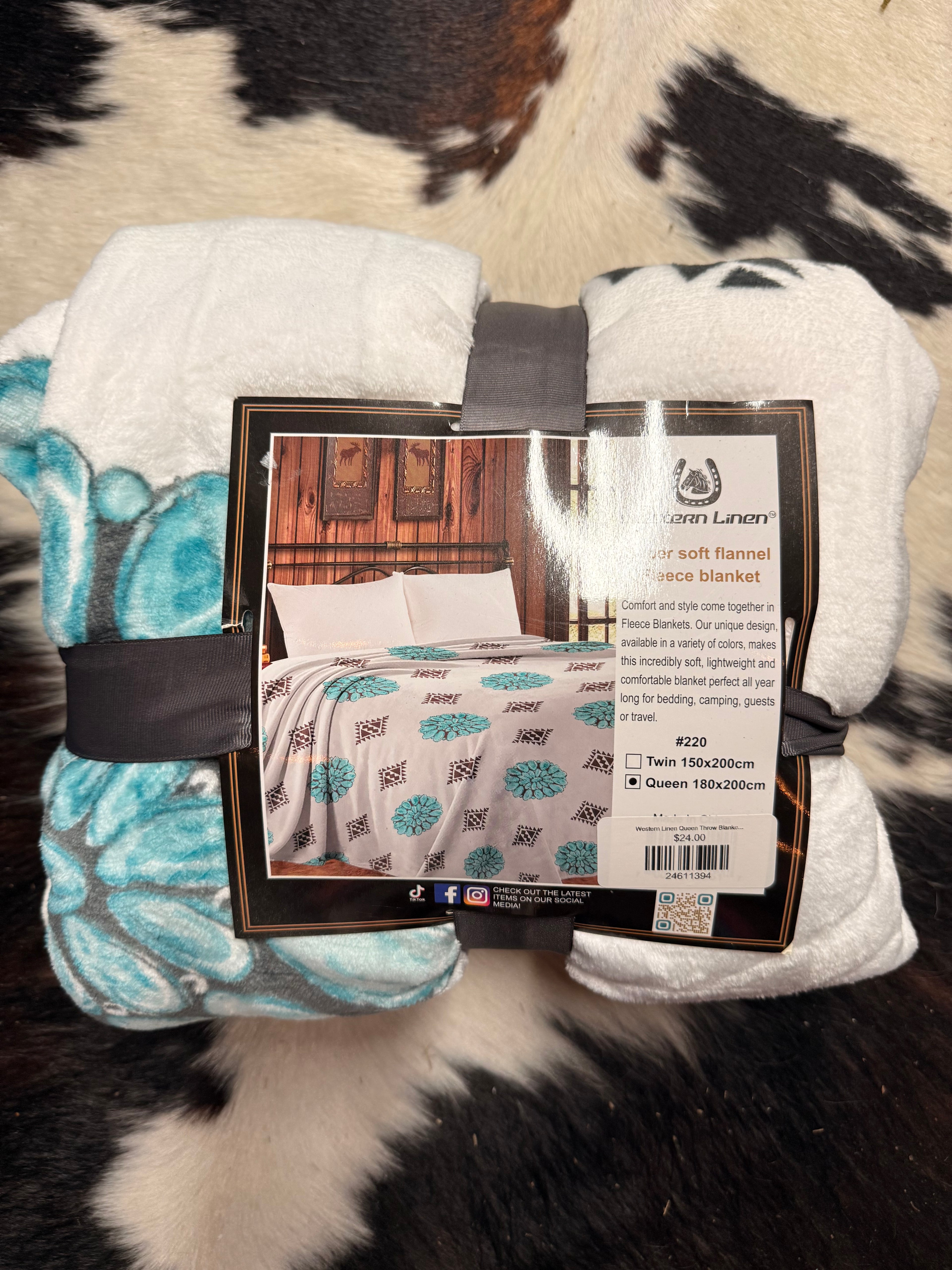 Western Linen Queen Throw Blanket turquoise/flowers
