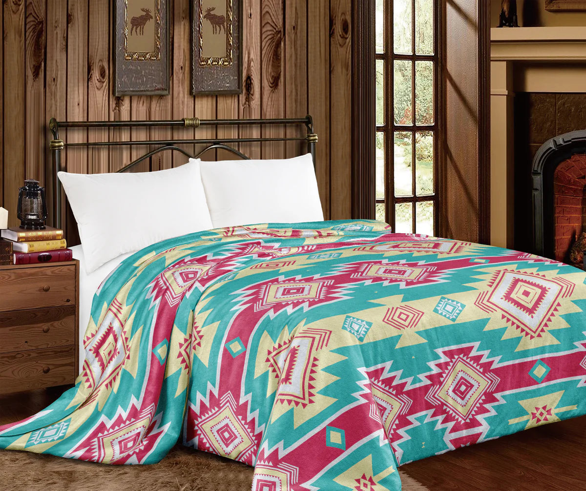 Mia pink & teal Aztec Fleece blanket/comforter Queen Size