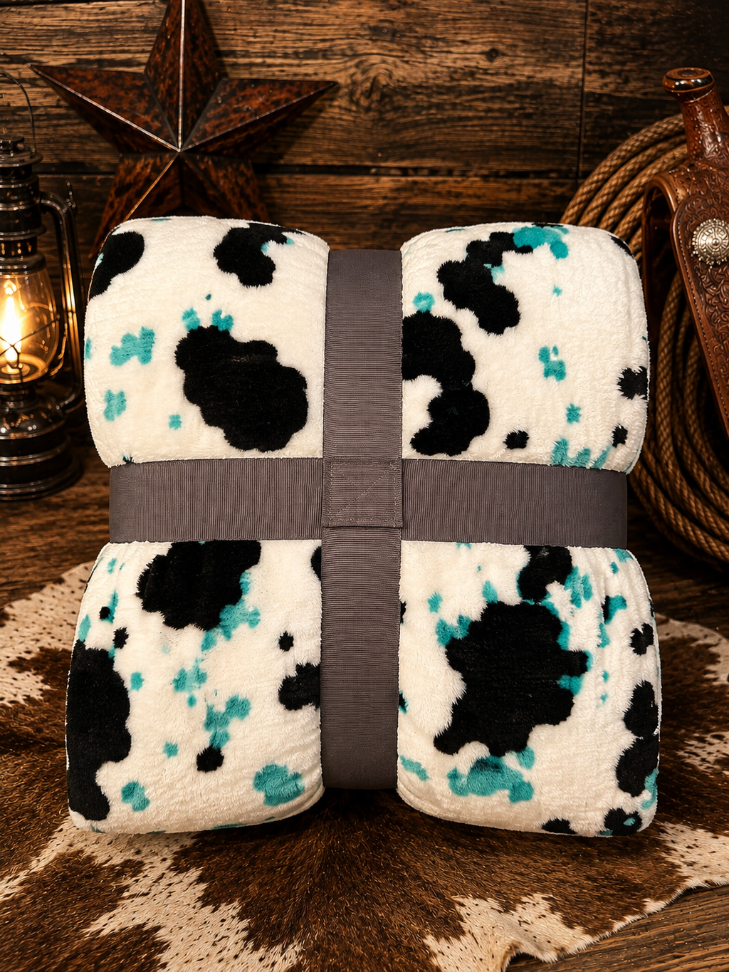 Mia Turquoise Cow Print Soft Fleece Throw Blanket Queen size