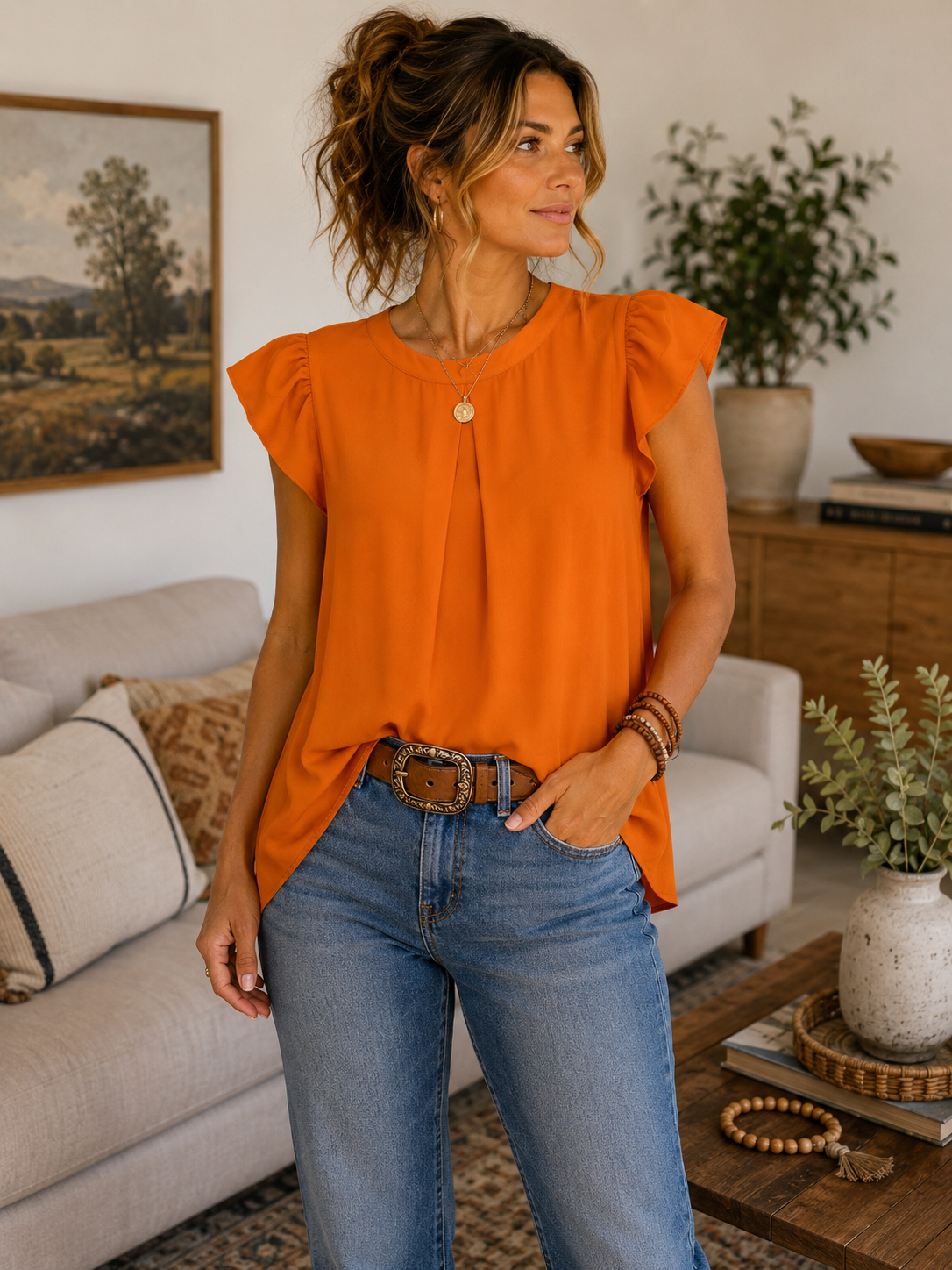 Naked Zebra Cap Sleeve Blouse - Camel