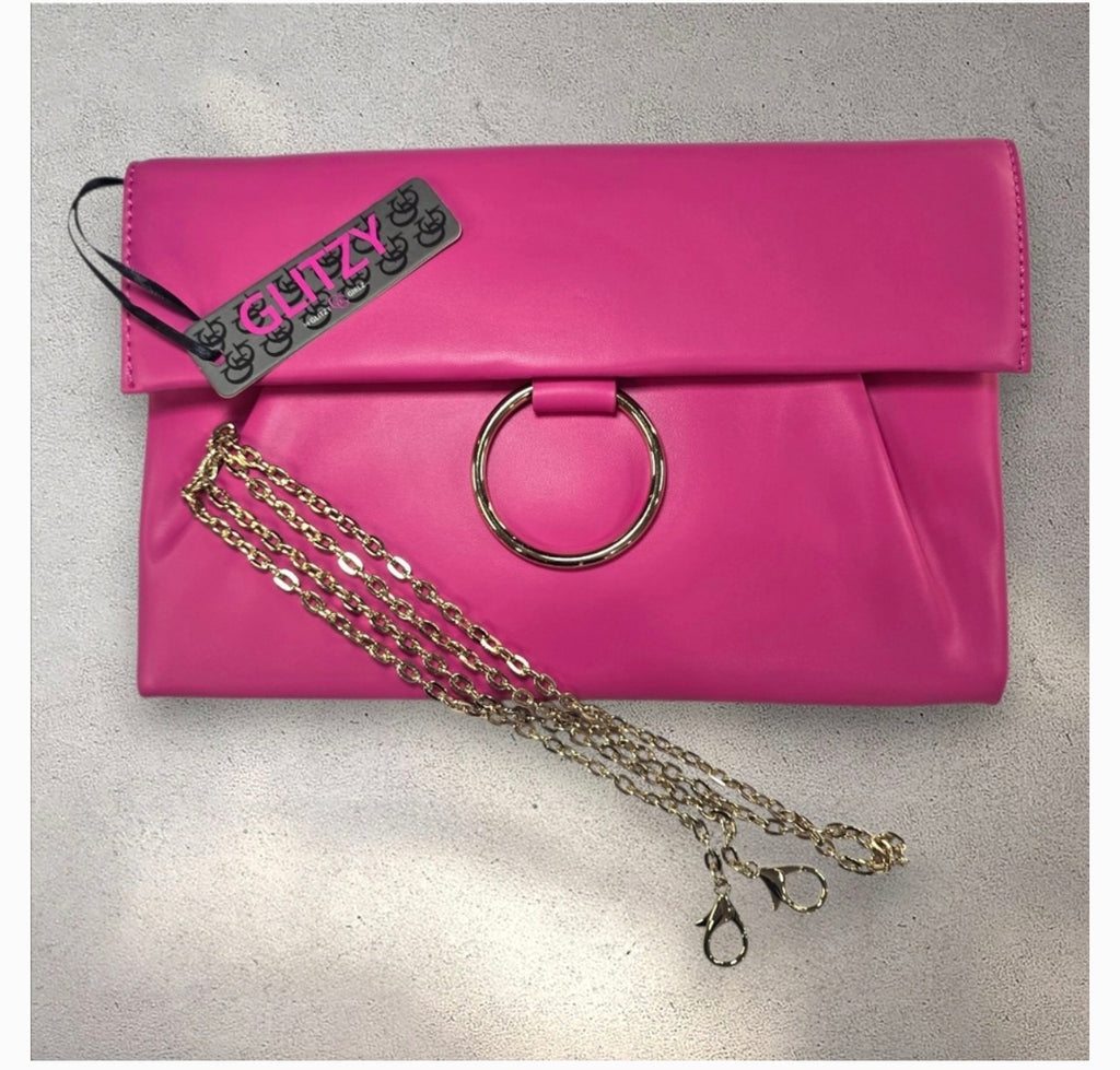 Glitzy Girl Hot Pink Envelope Clutch with Cross-body Chain