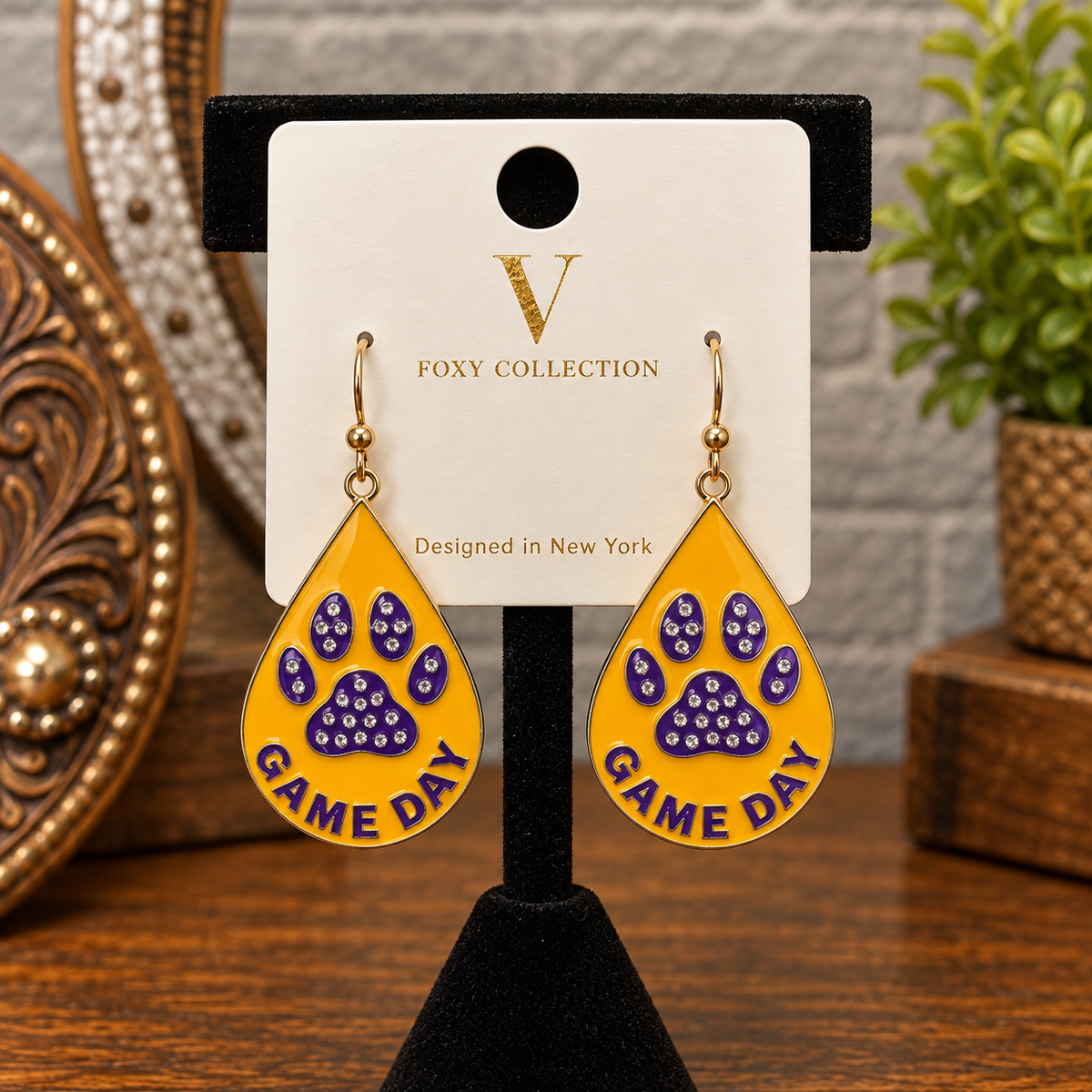 Gold and purple game day earrings
