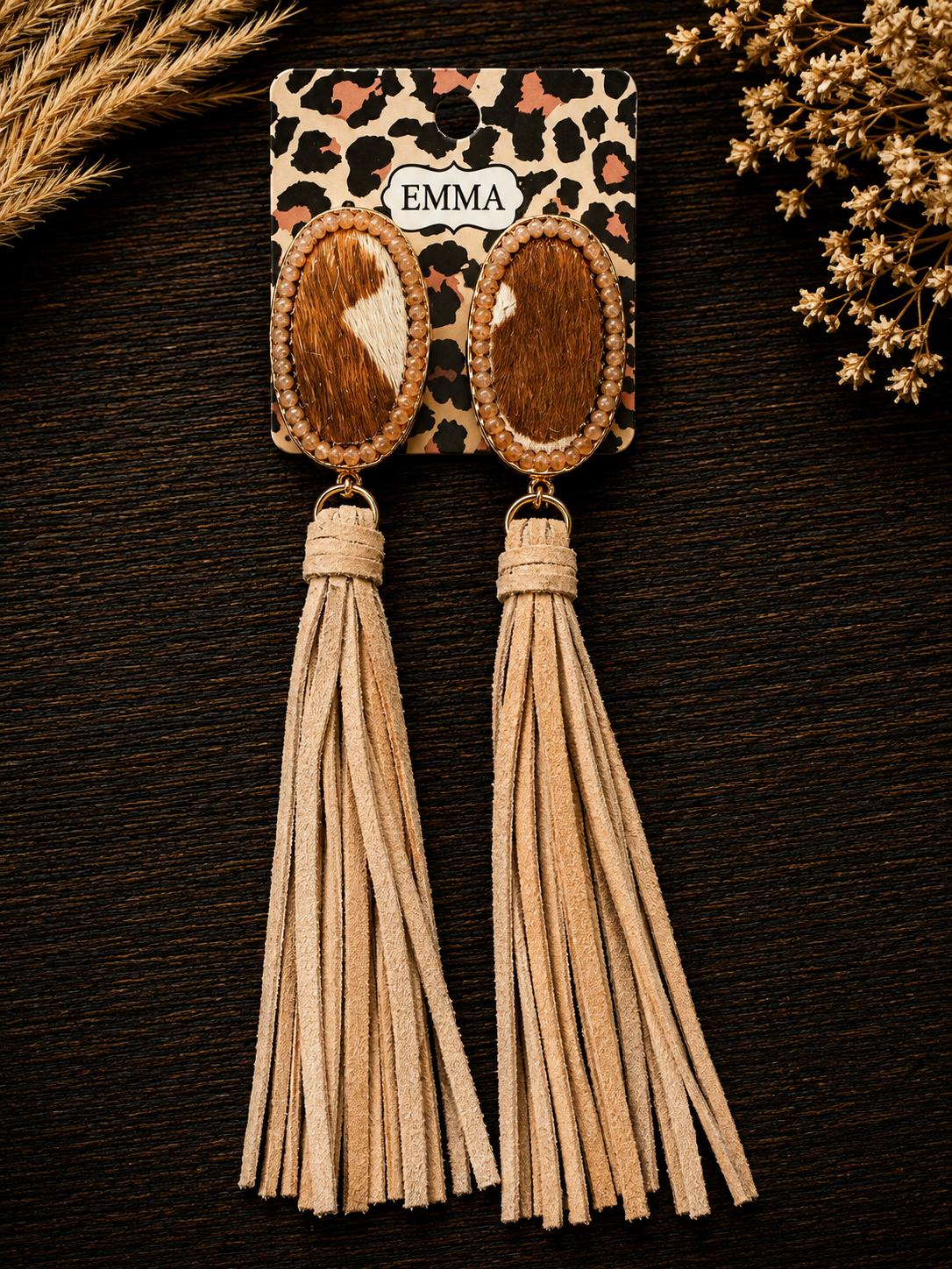 Brown cowprint with fringe earrings