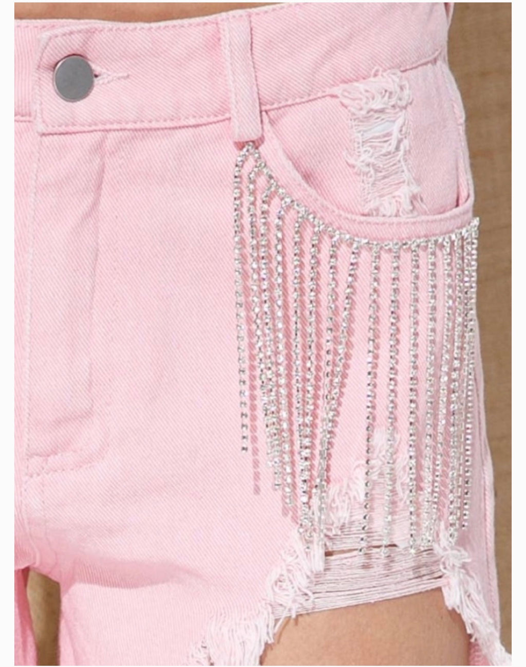 Blue B. Pink Denim Shorts with Rhinestone Fringe