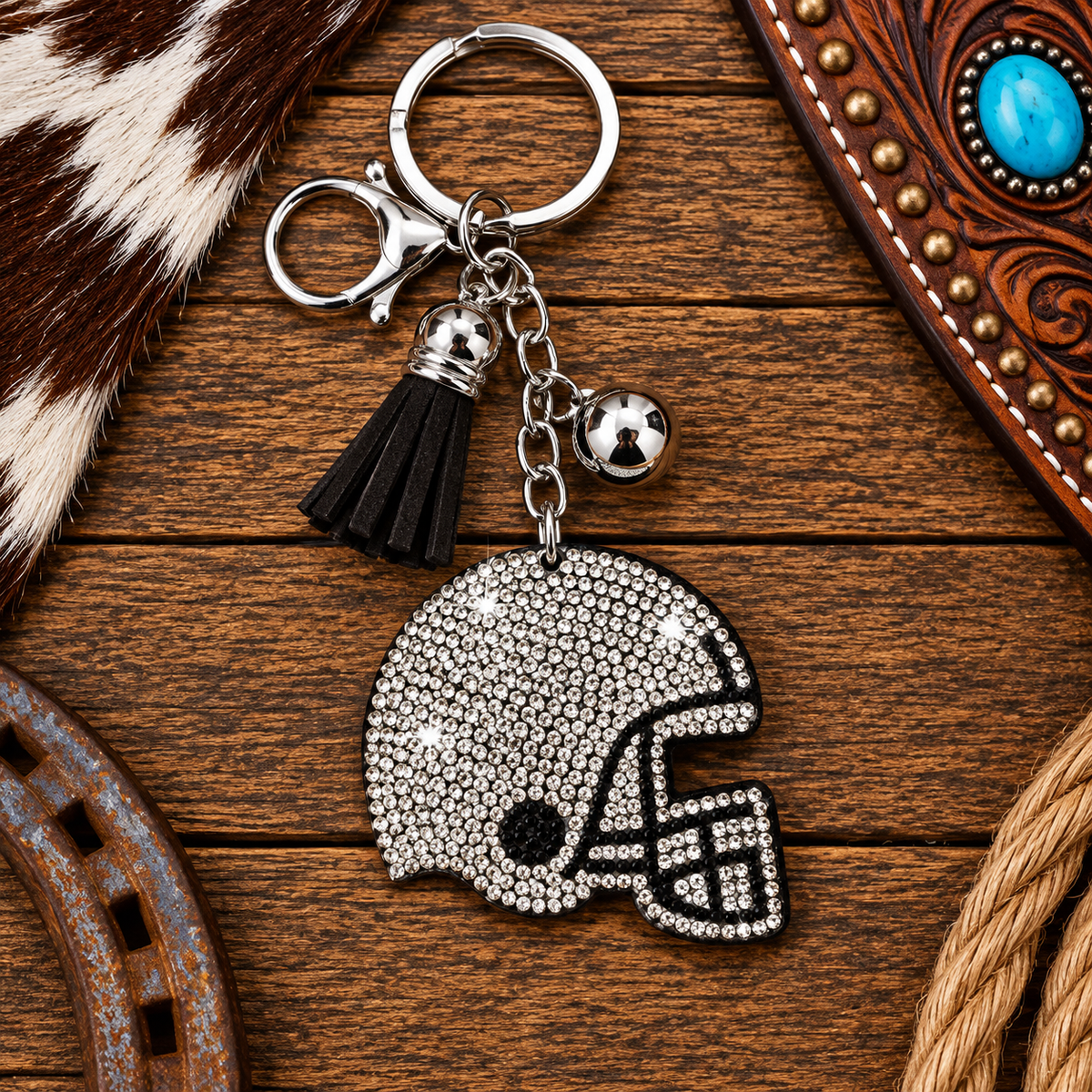 Rhinestone silver helmet keychain