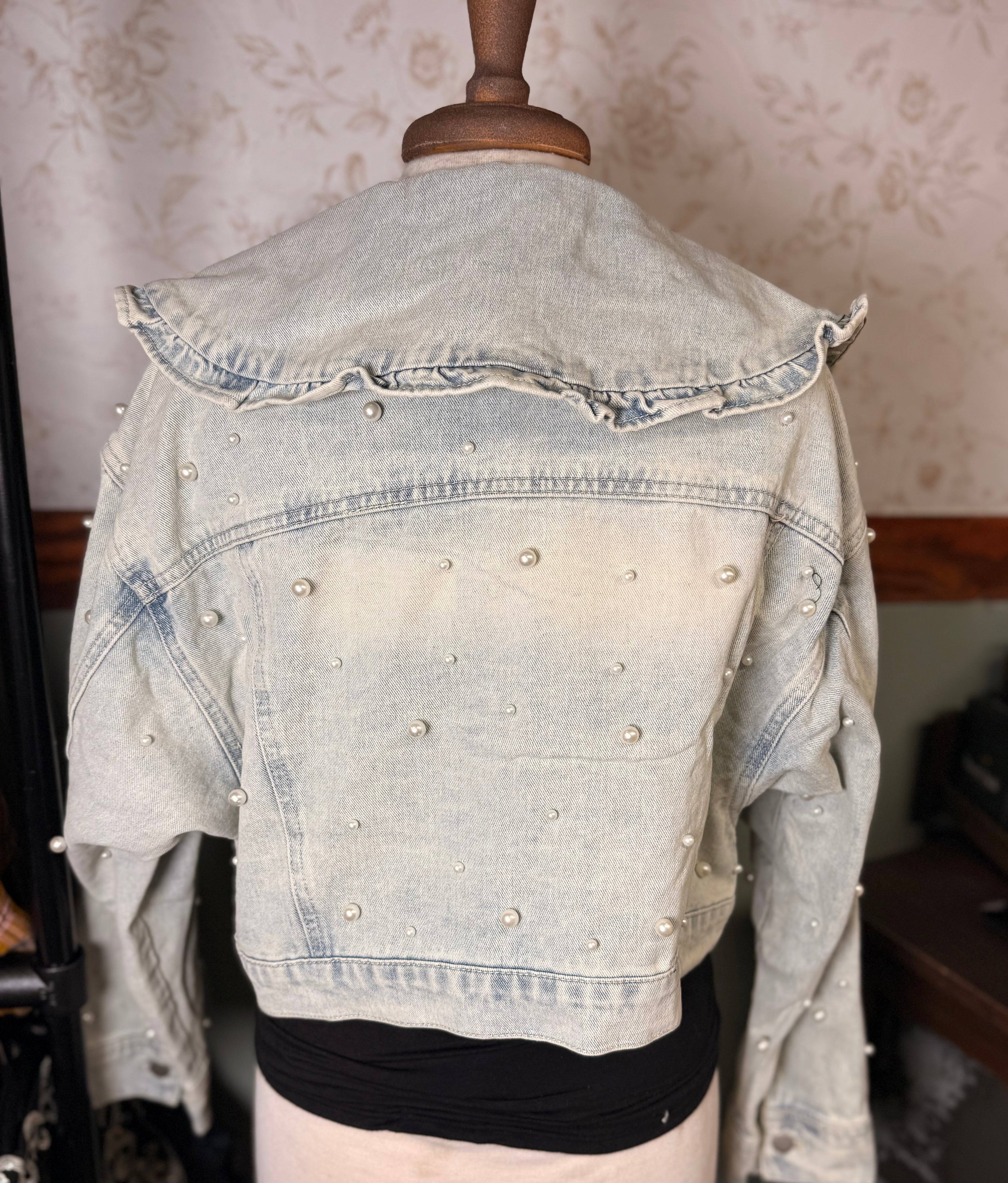 Peach Love Acid Wash Pearl Embellished Denim Jacket With Ruffle Peter Pan Lapel