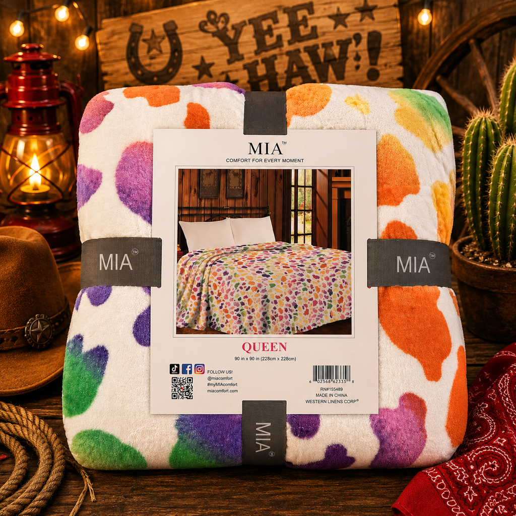 Mia rainbow cow print Fleece blanket/comforter (Ryann) Queen Size