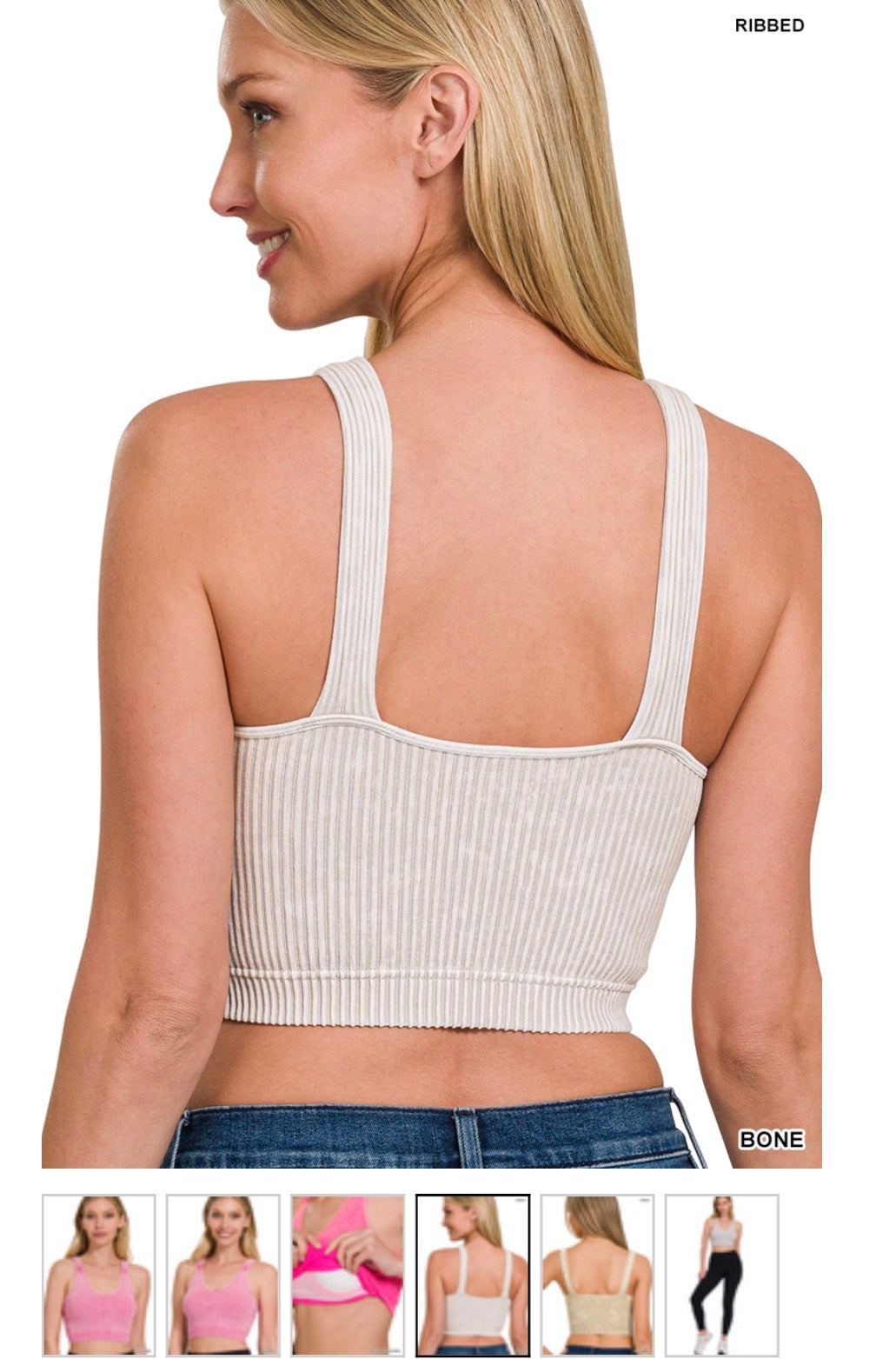 WASHED RIBBED CROPPED SEAMLESS BRA PADDED TANK TOP