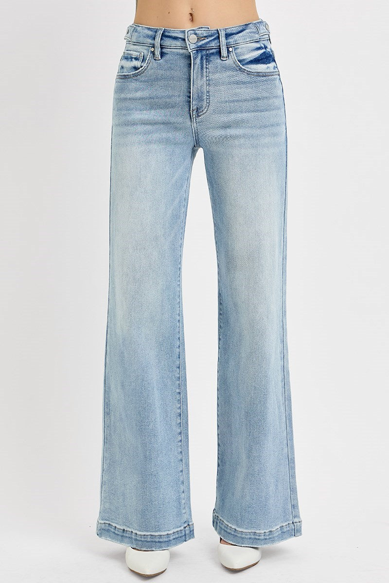 RISEN TUMMY CONTROL HIGH RISE WIDE LEG ADJUSTABLE WAIST BAND JEANS