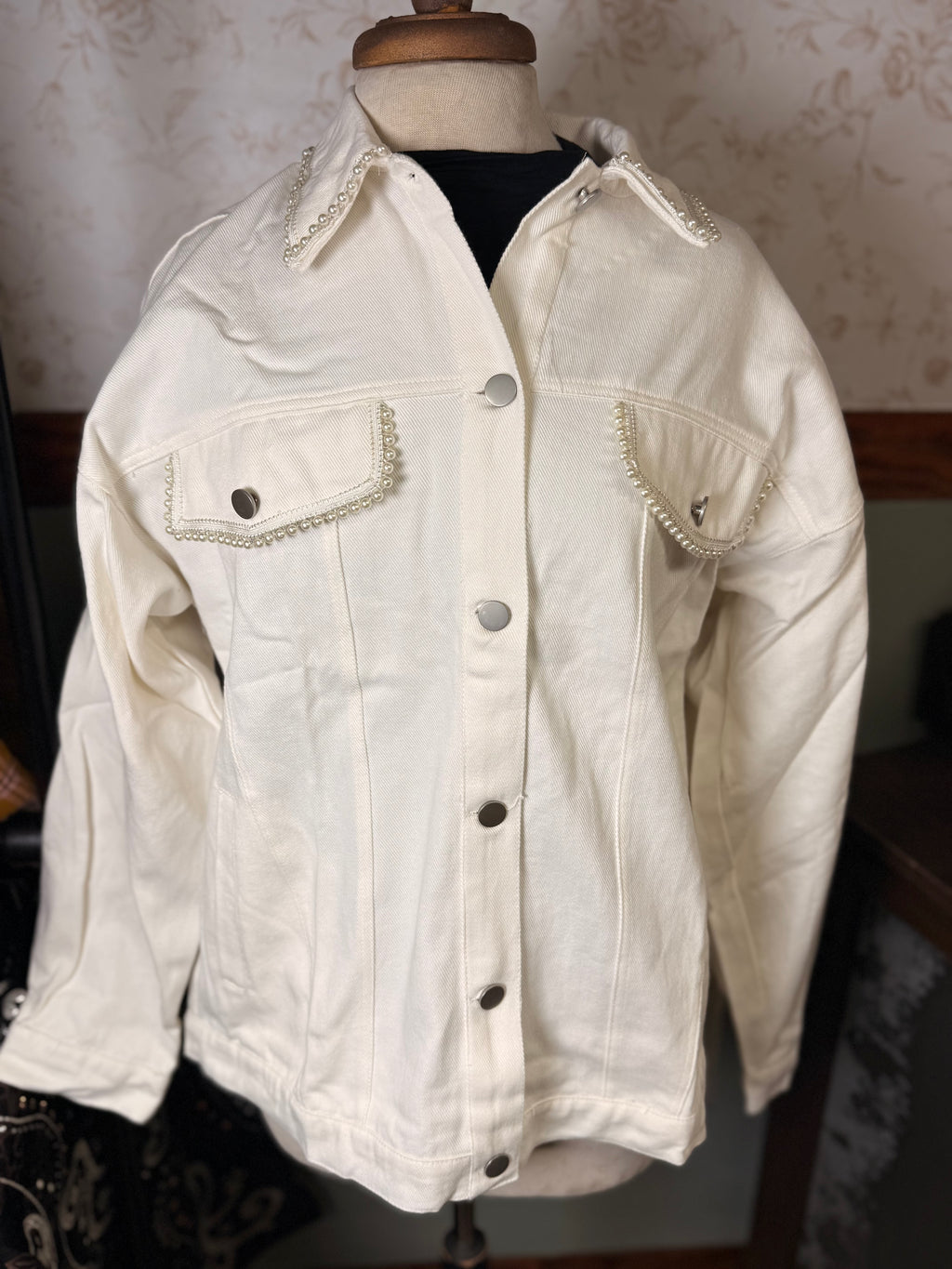 Fantastic Fawn Pearl and Iridescent Fringe White Denim Jacket