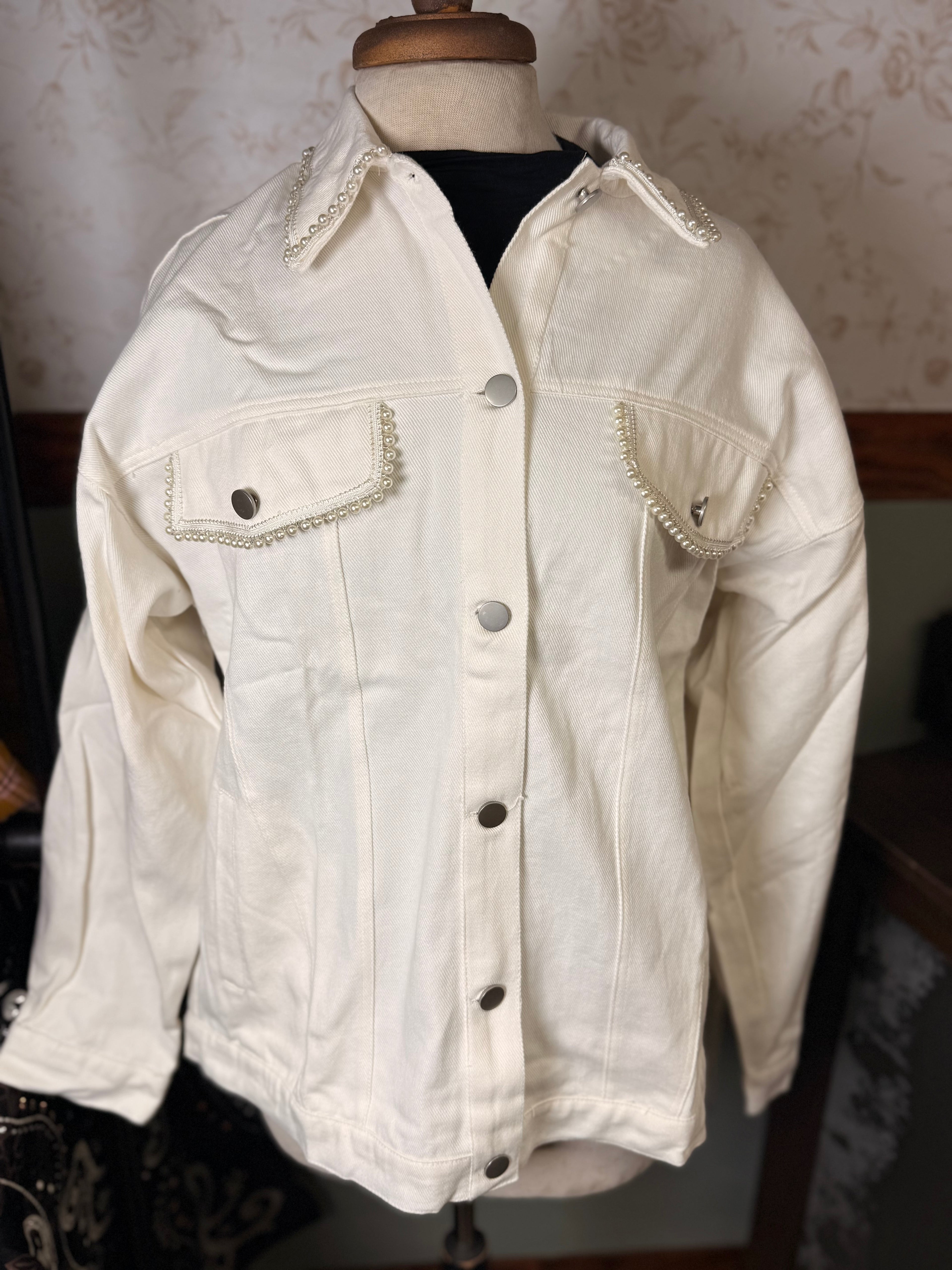 Fantastic Fawn Pearl and Iridescent Fringe White Denim Jacket