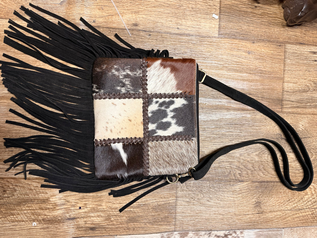 Genuine Leather and Cowhide Crossbody Bag with fringe - checkered
