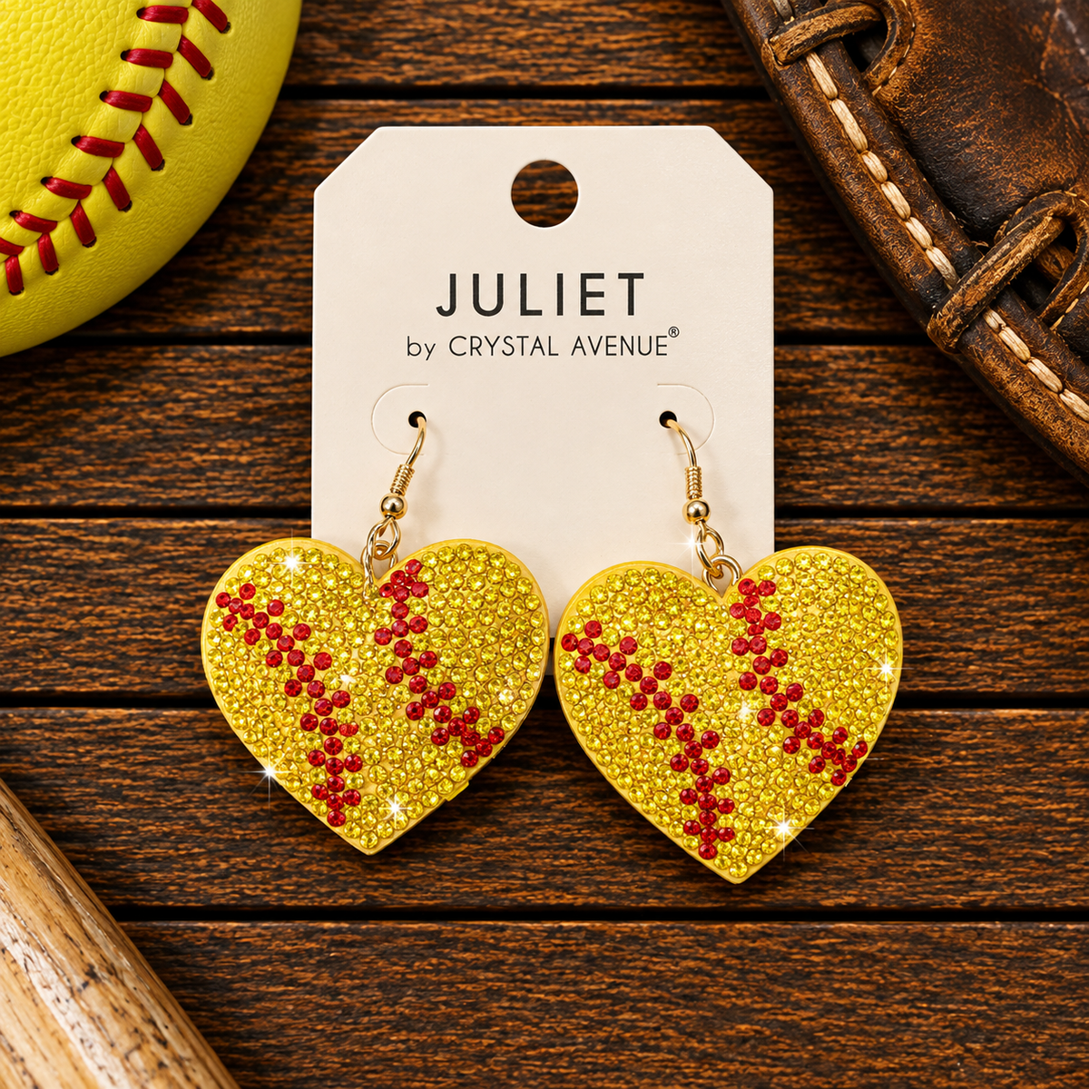 Rhinestone softball heart earrings