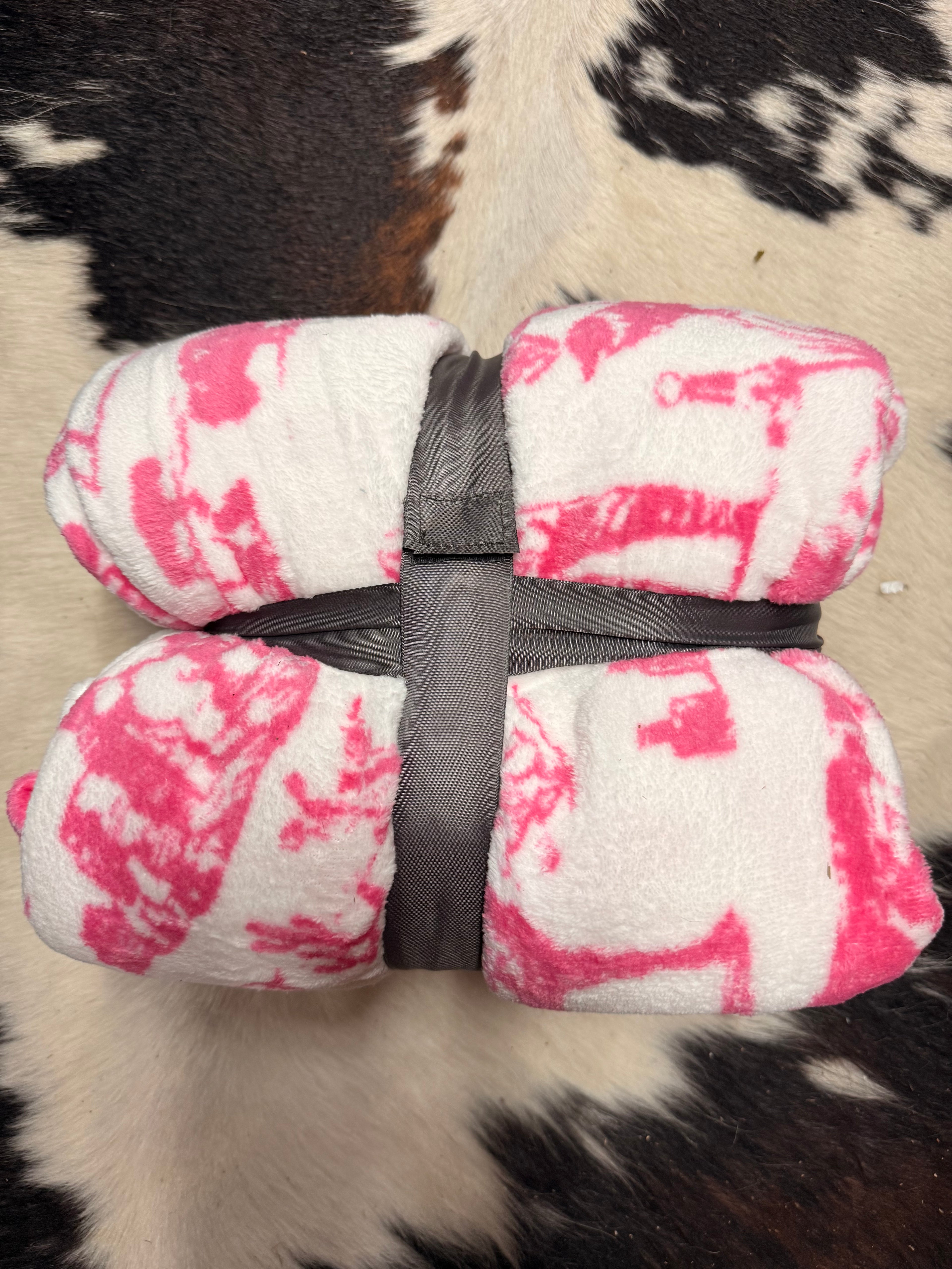 Western Linen Queen Throw Blanket Pink/white/horses