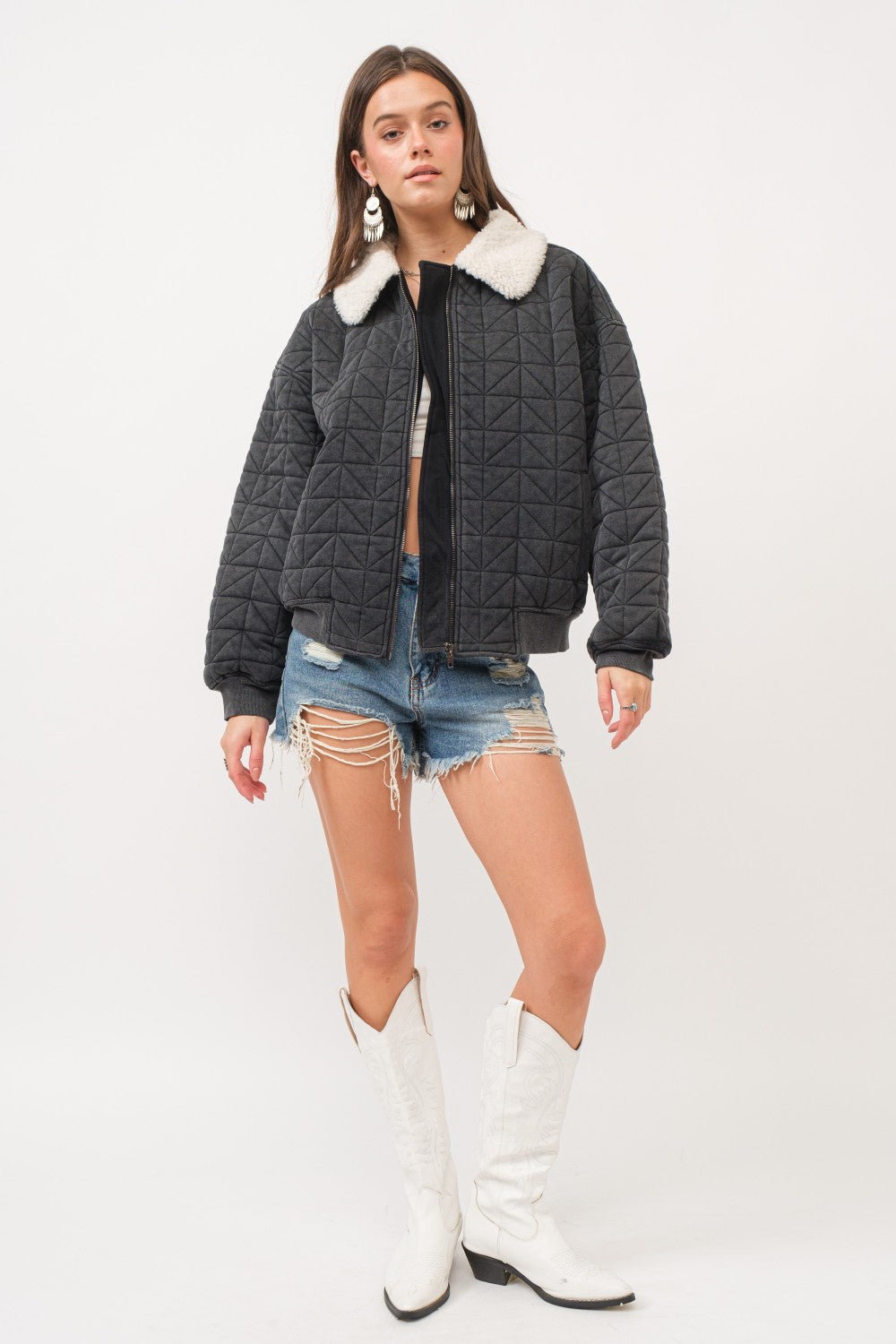 Garment Washed Quilted Terry Collared Zip Up Lined Jacket Black