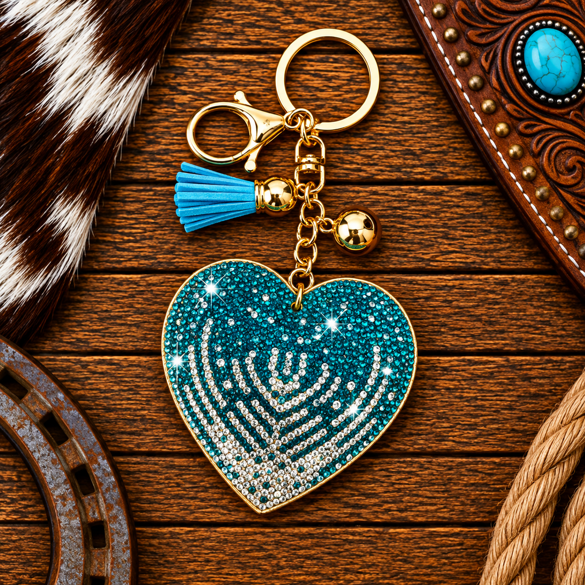 Rhinestone teal heart keychain
