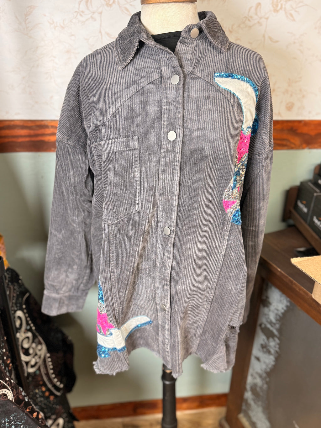 Peach Love Cowboy Boots Sequin Corduroy Shacket Grey