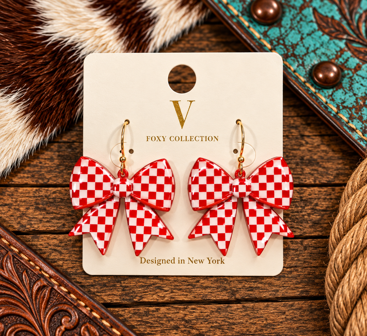 Red & white checkered bow earrings