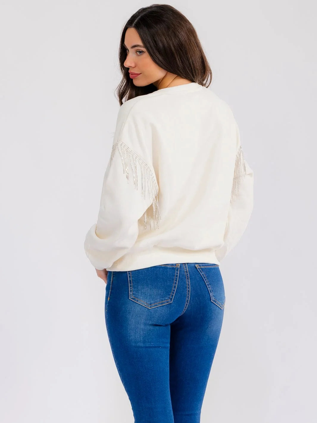Women’s Long Sleeve Fringe Rhinestones Detailed Pullover Sweater