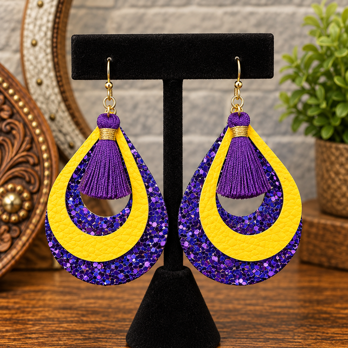 Gold and purple glitter earrings
