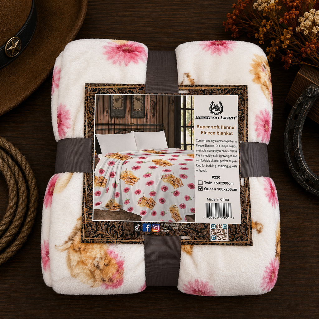 Mia Highland Cow & pink flowers Soft Fleece Throw Blanket Twin size