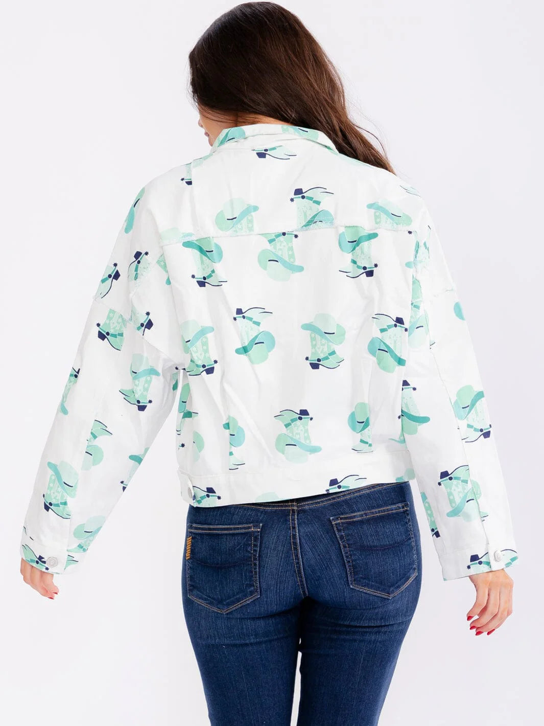 Fantastic Fawn White Denim Jacket with Cowboy Boot Print